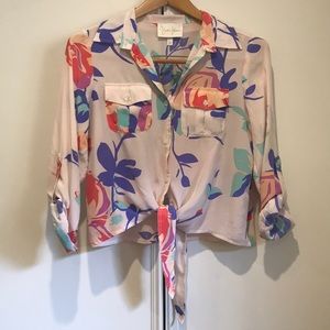 Yumi Kim Floral Pink Silk Tie Front Blouse XS S